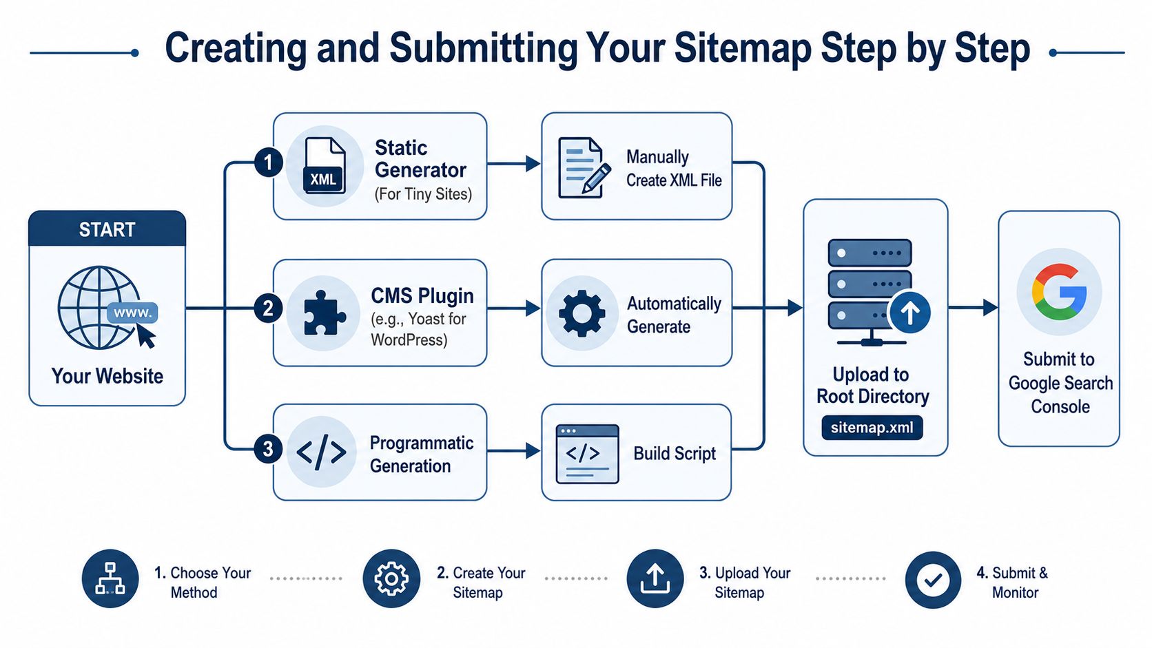 A Diagram Illustrating The Four Main Steps For Creating And Submitting An Xml Sitemap To Google.