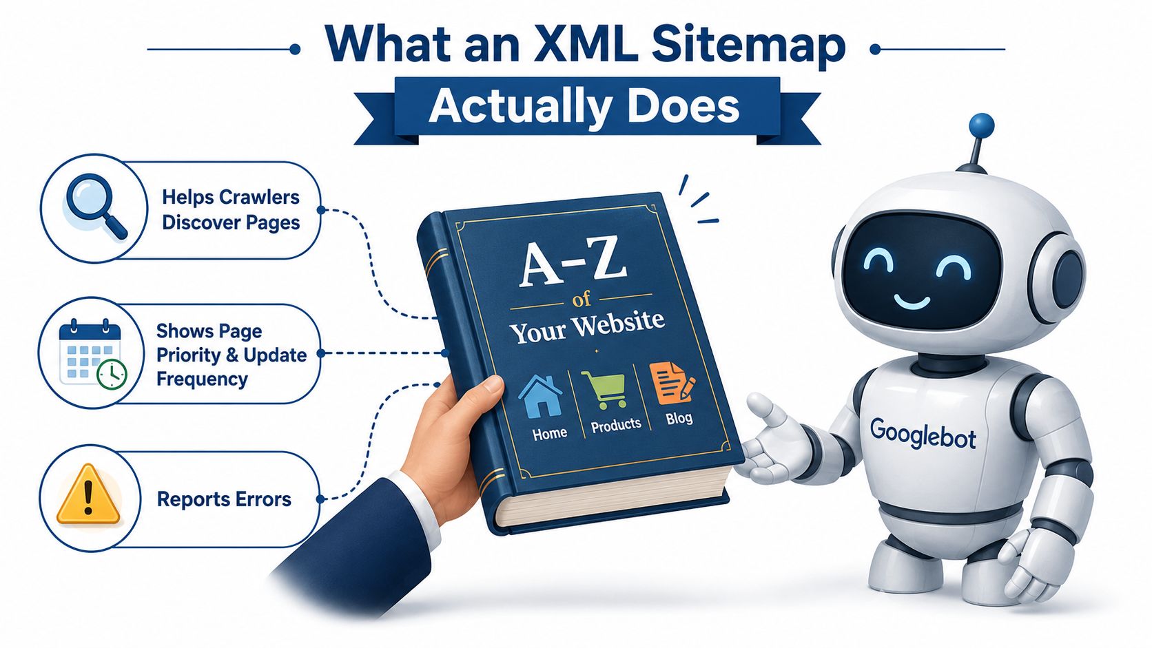 A Robot And A Human Hand Presenting A Book Titled A-Z Of Your Website Representing An Xml Sitemap.