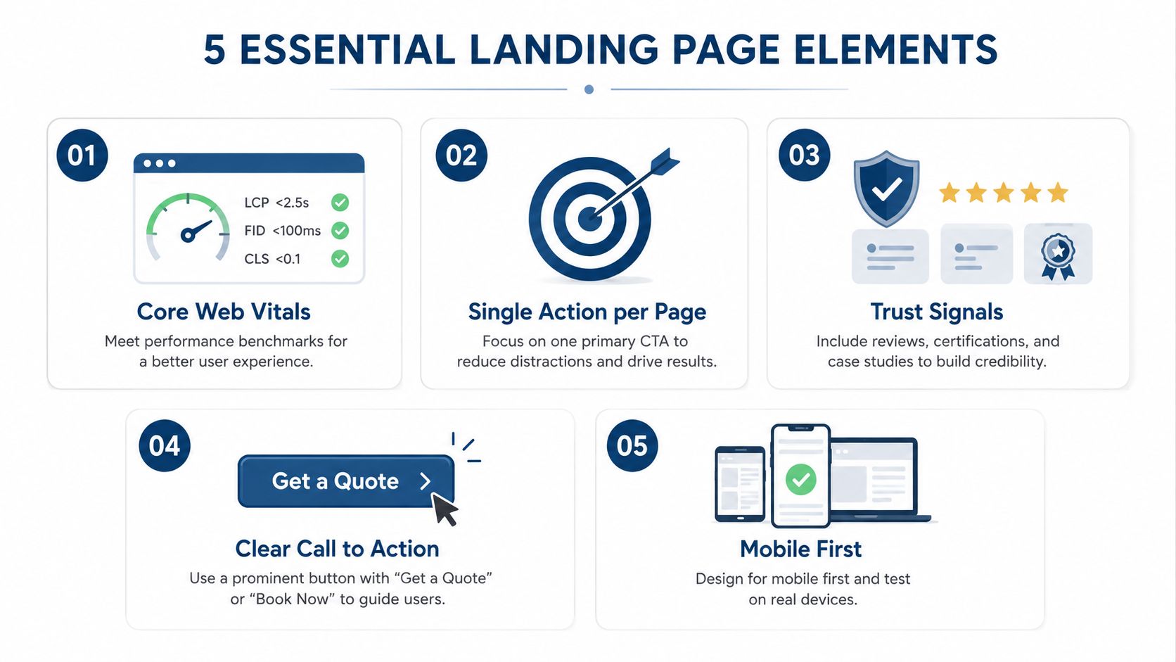 Conversion Focused Web Design That Turns Visits Into Calls 3 An Infographic Detailing Five Essential Elements For High Performing Landing Pages To Improve User Experience And Conversions.