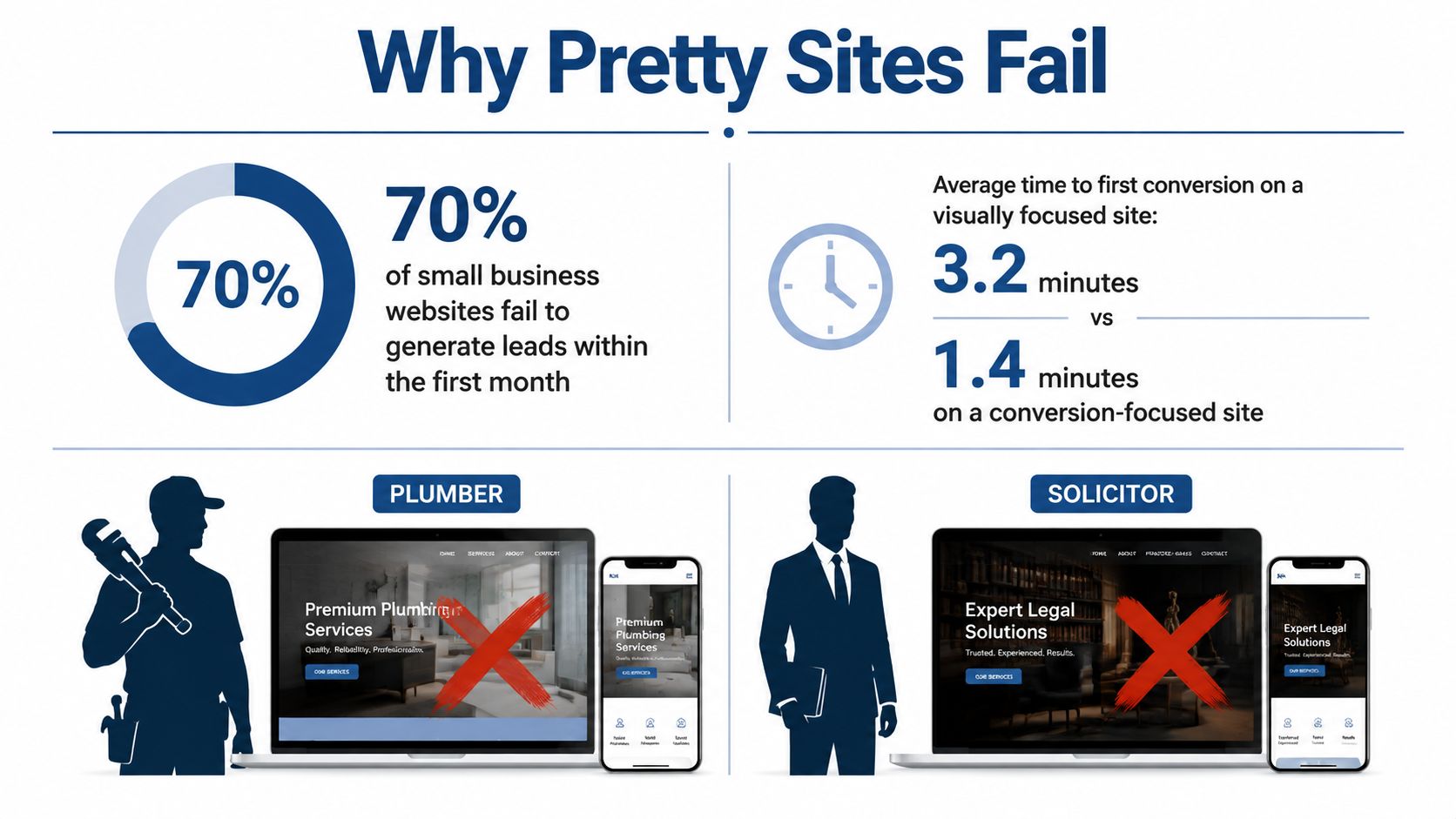 Conversion Focused Web Design That Turns Visits Into Calls 1 An Infographic Comparing Visually Focused Versus Conversion-Focused Websites, Illustrating Why Most Small Business Sites Fail To Generate Leads.