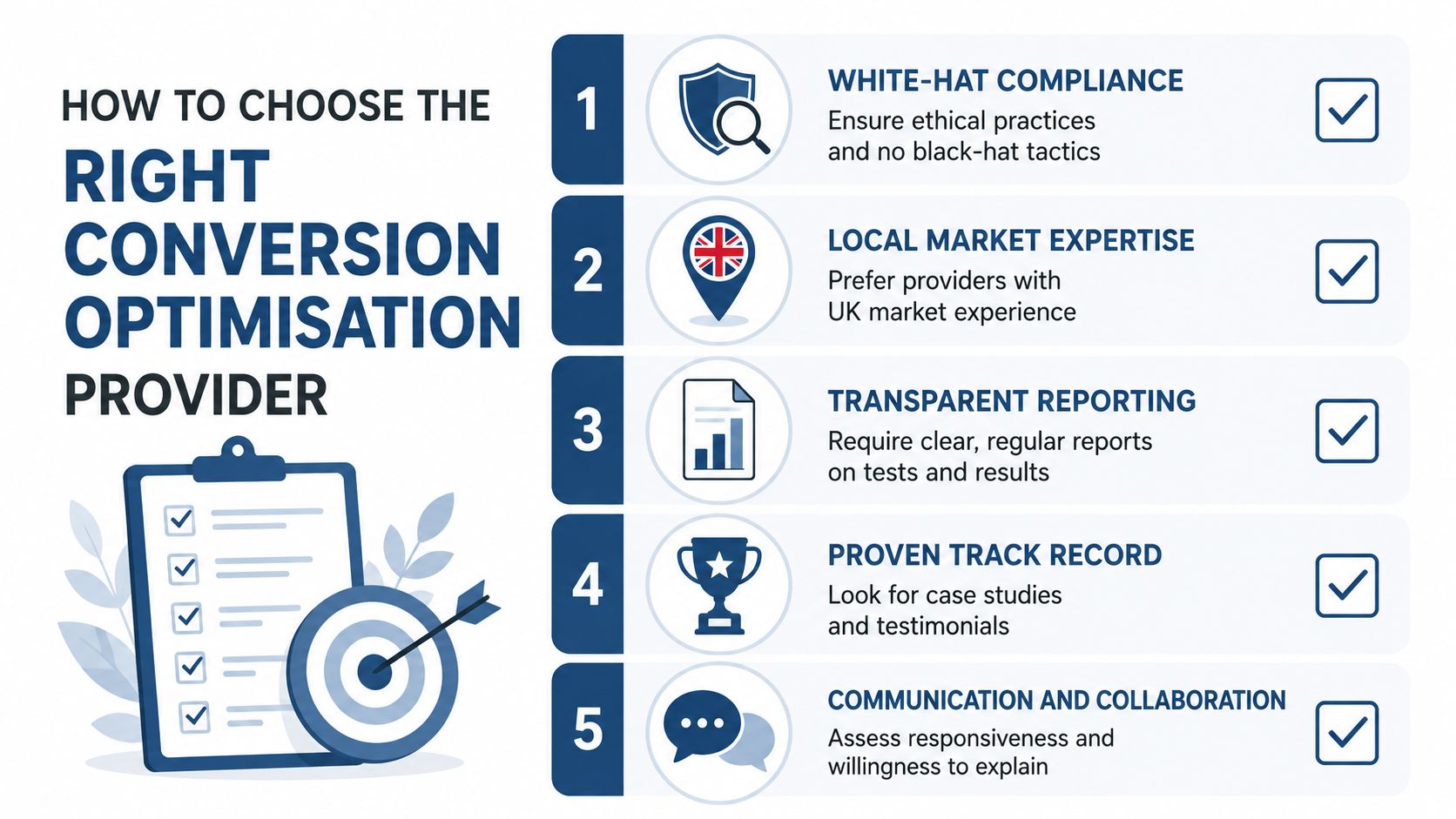Conversion Optimisation Services: A 2026 Guide 3 An Infographic Titled How To Choose The Right Conversion Optimisation Provider, Listing Five Key Selection Criteria.