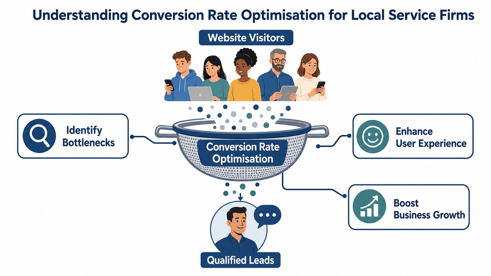 Conversion Rate Optimisation Service: Boost Uk Enquiries 1 A Diagram Illustrating How Website Visitors Are Filtered Into Qualified Leads Through Conversion Rate Optimisation Strategies.