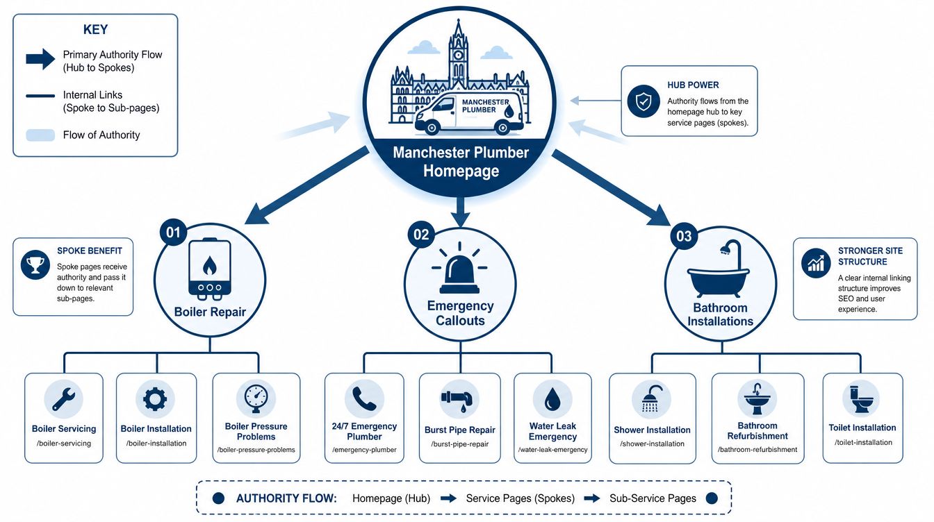 How To Improve Domain Authority For Uk Businesses 3 A Diagram Illustrating A Hub And Spoke Seo Site Structure For A Manchester Plumbing Company Website.