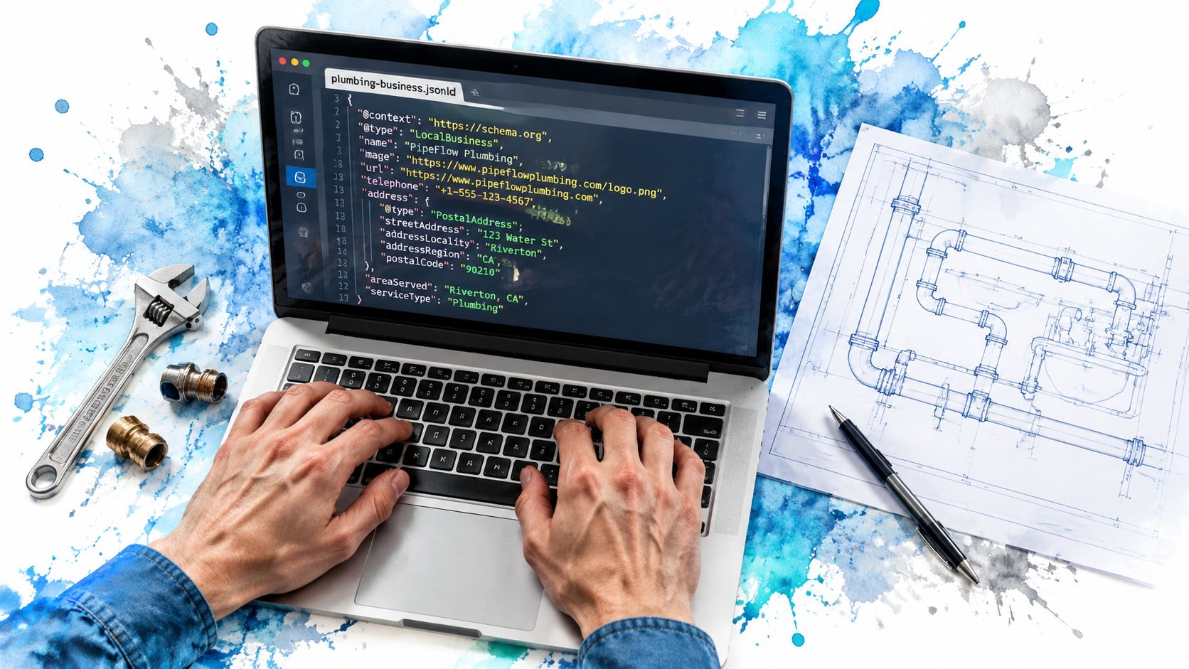 Schema Markup Implementation For Uk Service Businesses 2 A Professional Plumber Typing Code For A Plumbing Business Schema Markup On A Laptop With Technical Blueprints Nearby.