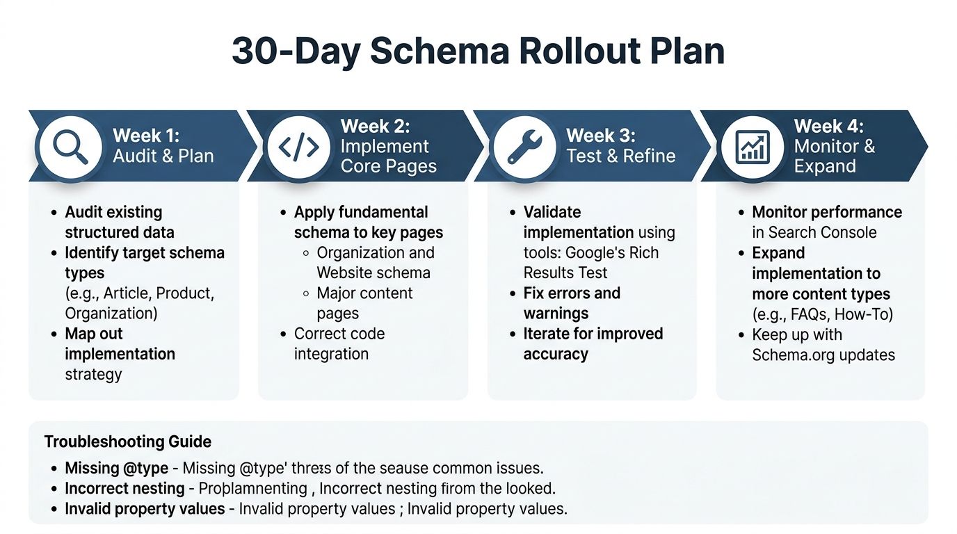 Schema Markup Implementation For Uk Service Businesses 4 A 30-Day Schema Markup Rollout Plan Infographic Detailing Steps For Audit, Implementation, Testing, And Monitoring.