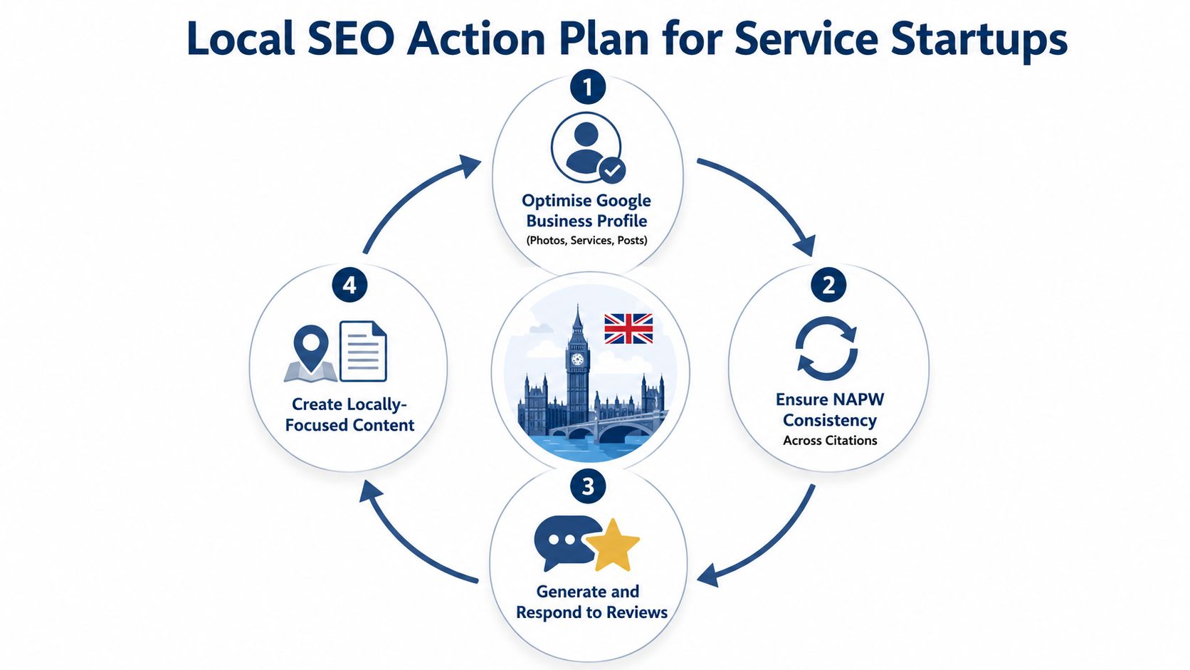 Seo Services For Startups: A Practical Uk Playbook 2 A Circular Flow Diagram Illustrating A Four-Step Local Seo Action Plan For Business Startups.