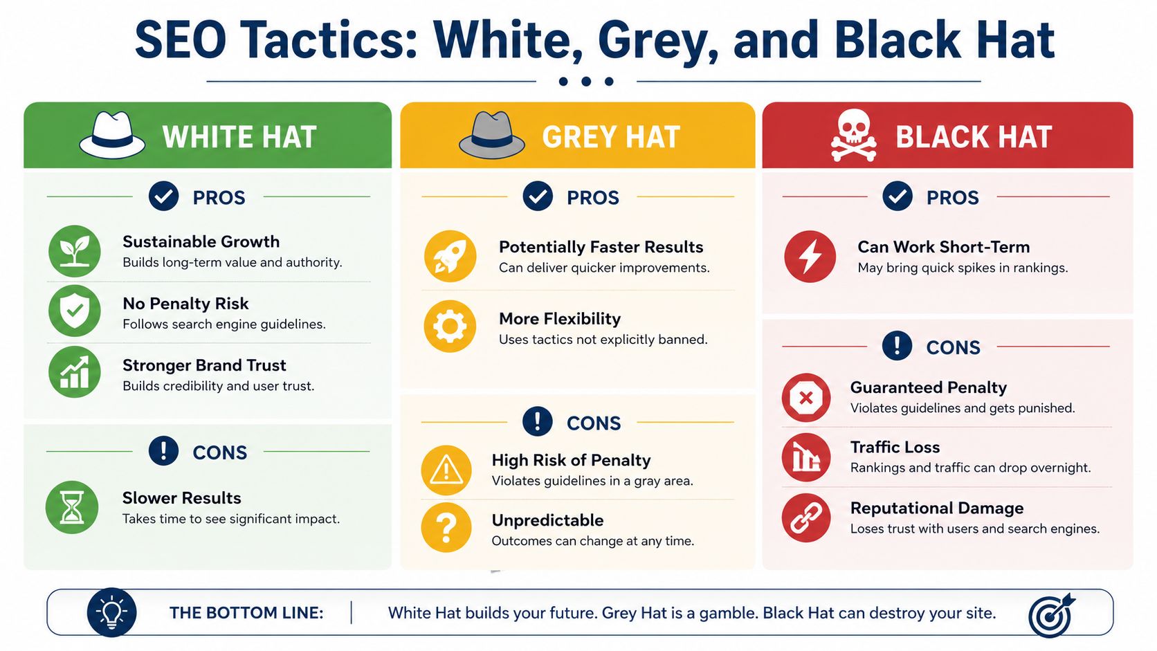 Seo Services For Startups: A Practical Uk Playbook 3 An Infographic Comparing White Hat, Grey Hat, And Black Hat Seo Tactics Regarding Pros, Cons, And Risks.