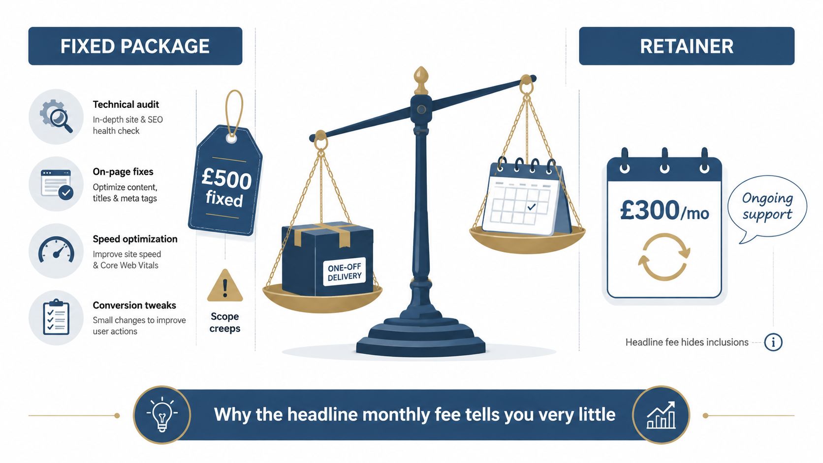Website Optimisation Services Compared 1 A Comparison Infographic Between Fixed Price Website Projects And Monthly Retainer Packages For Digital Support Services.