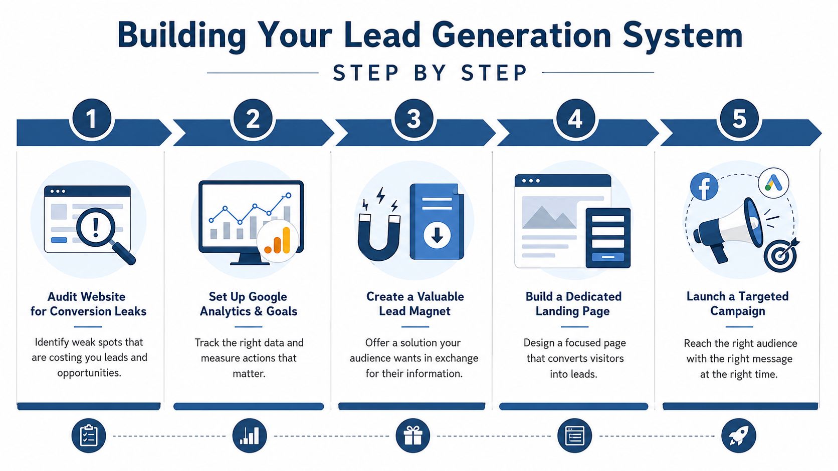 What Is Lead Generation In Marketing: A Uk Sme Guide 2 A Five Step Infographic Illustrating A Process For Building An Effective Lead Generation System For Marketing.