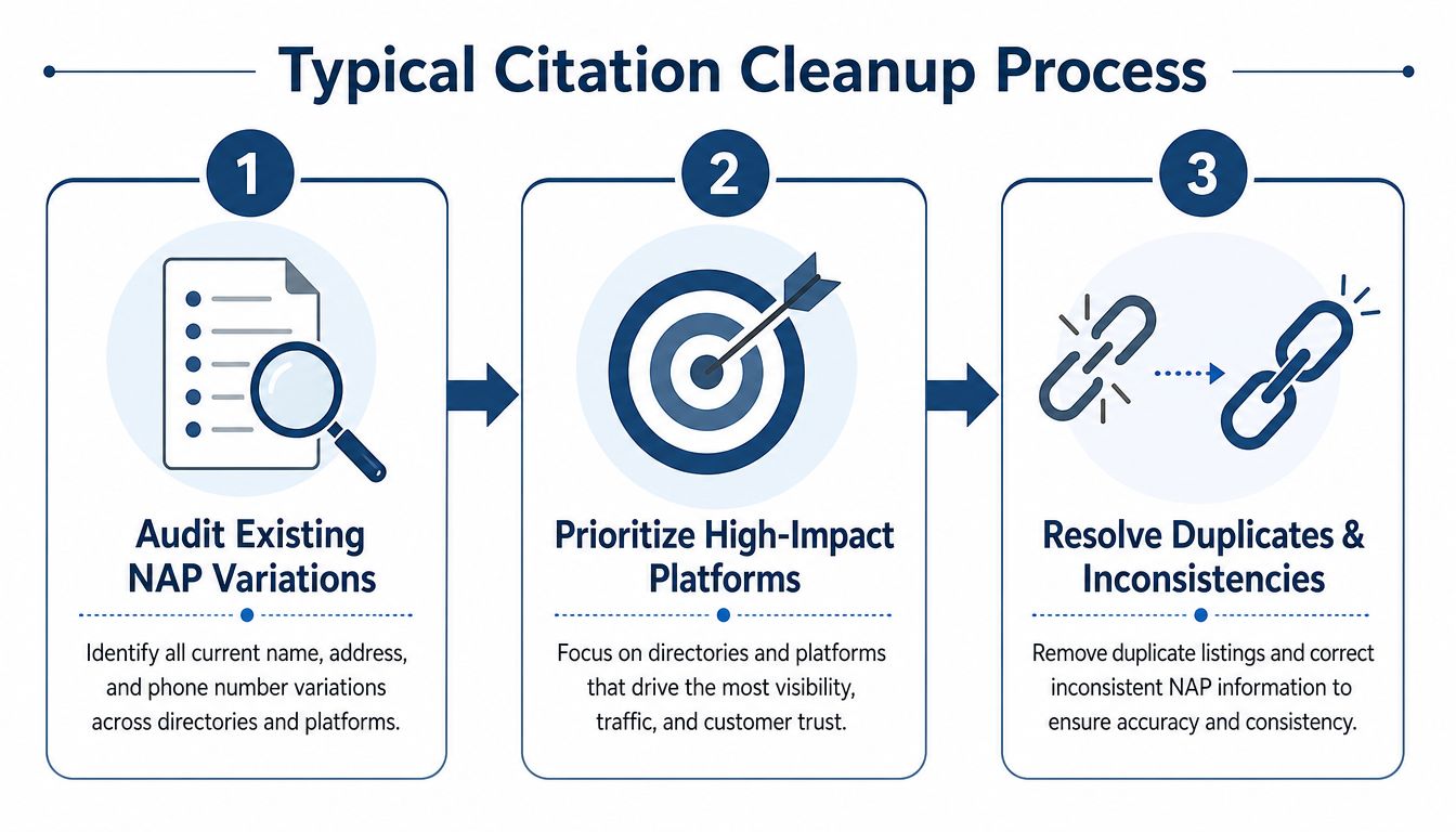 Citation Cleanup Service: Boost Your Local Seo In 2026 2 A Three-Step Infographic Illustrating The Typical Citation Cleanup Process For Businesses, Including Auditing, Prioritizing, And Resolving Information.