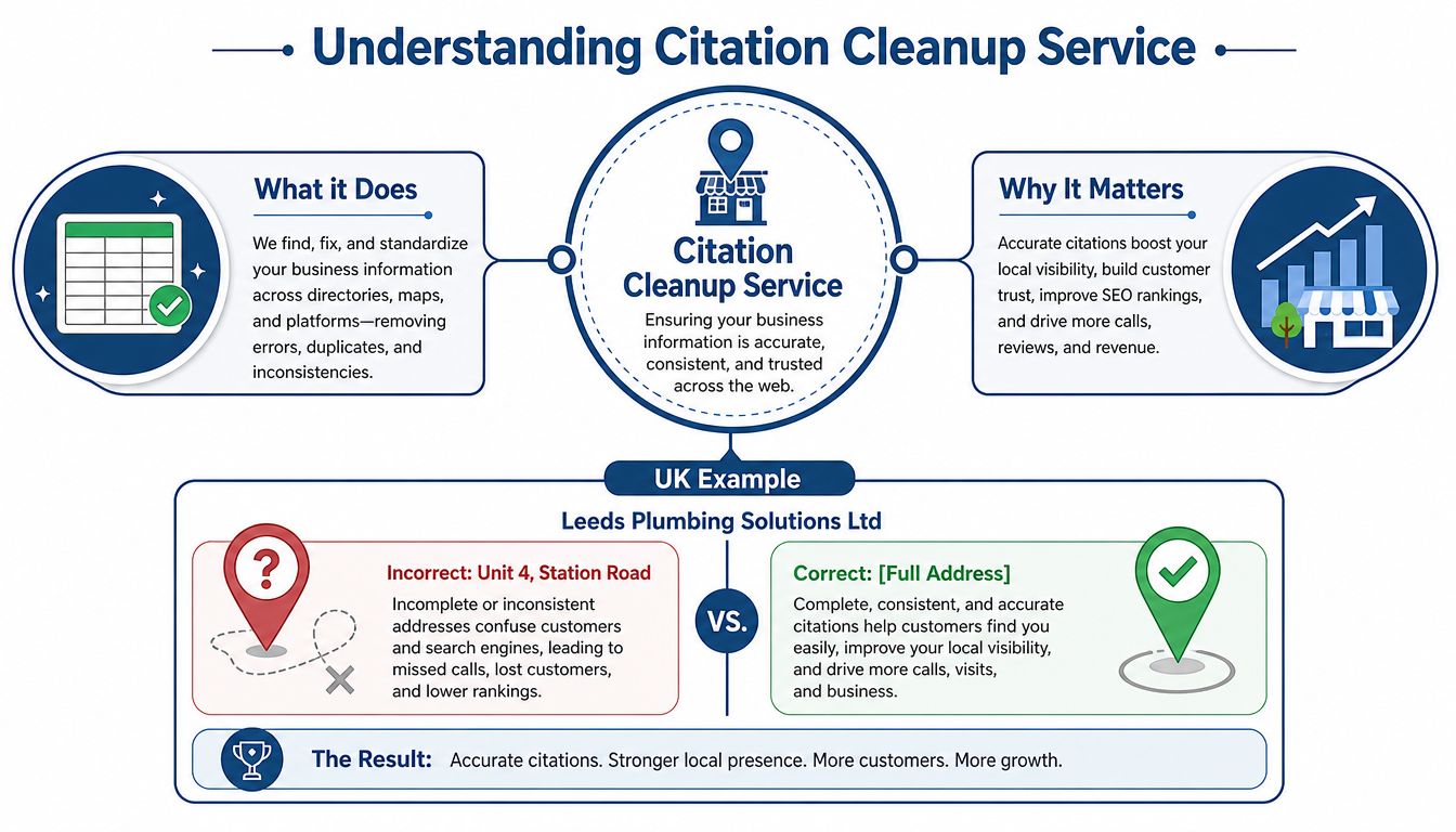 Citation Cleanup Service: Boost Your Local Seo In 2026 1 An Infographic Explaining Citation Cleanup Services And How Accurate Business Information Improves Local Search Visibility And Growth.