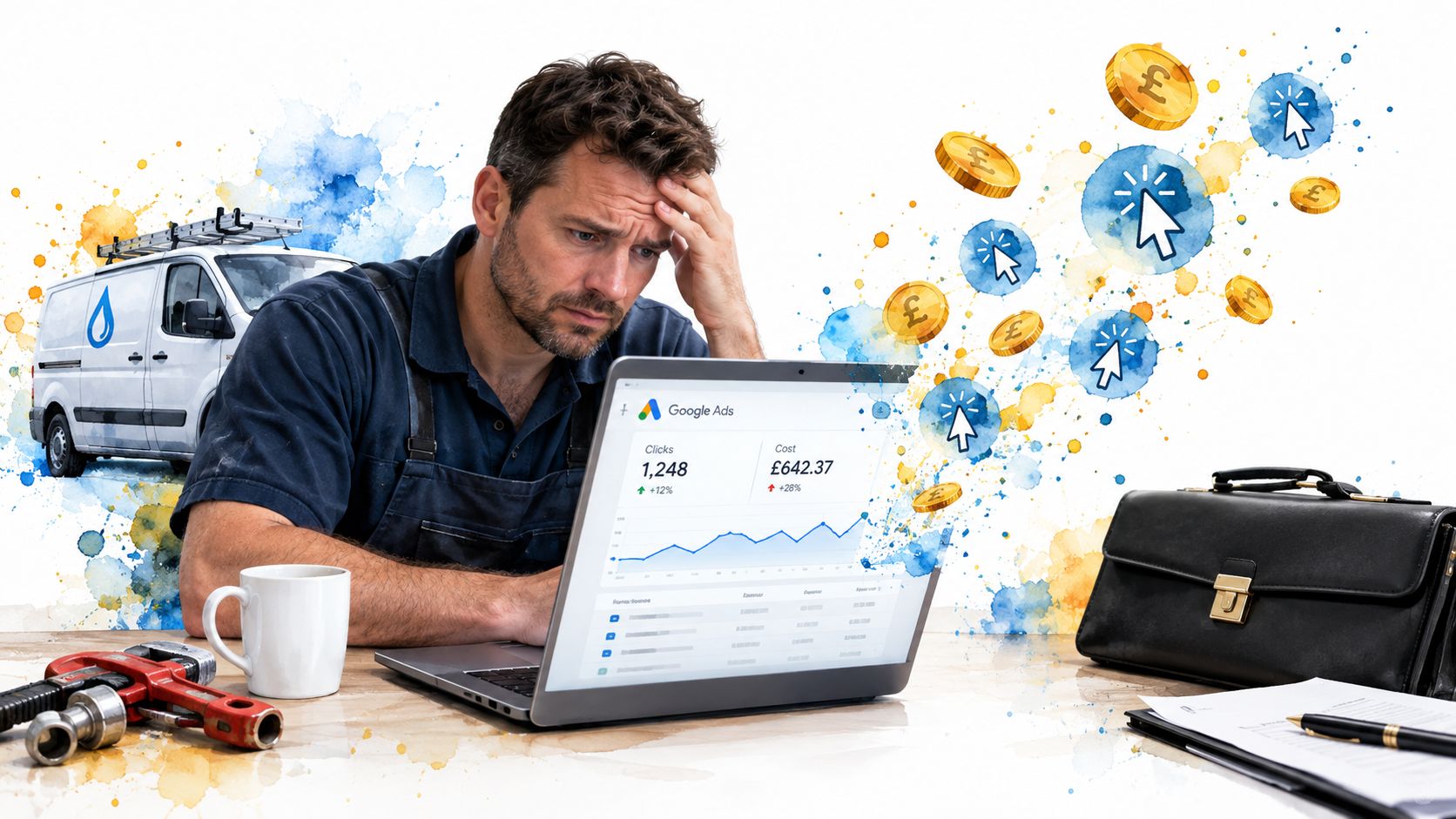 Google Ads Conversion Tracking Made Simple For Uk Services 1 A Frustrated Plumber Looking At Google Ads Analytics On His Laptop, Worried About High Advertising Costs.