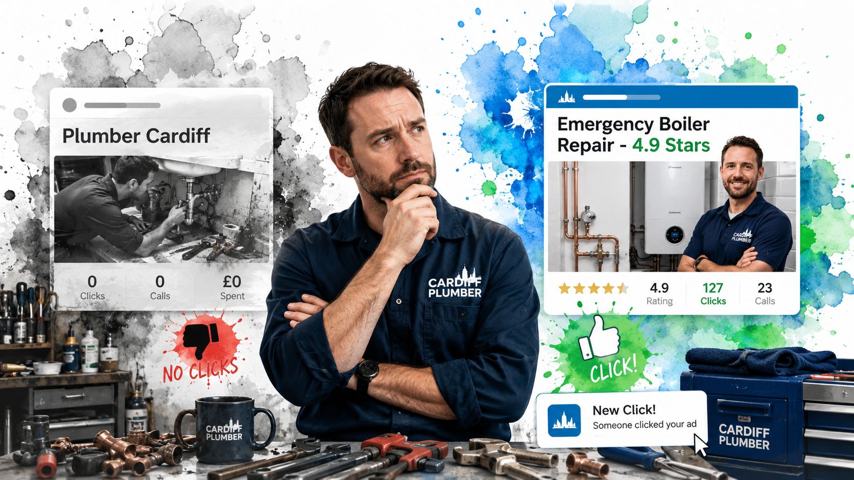 Google Ads Quality Score Explained For Uk Service Businesses 3 A Plumber Thinking About Google Ads Strategy, Comparing An Unsuccessful Ad With A Successful High-Performance Campaign.