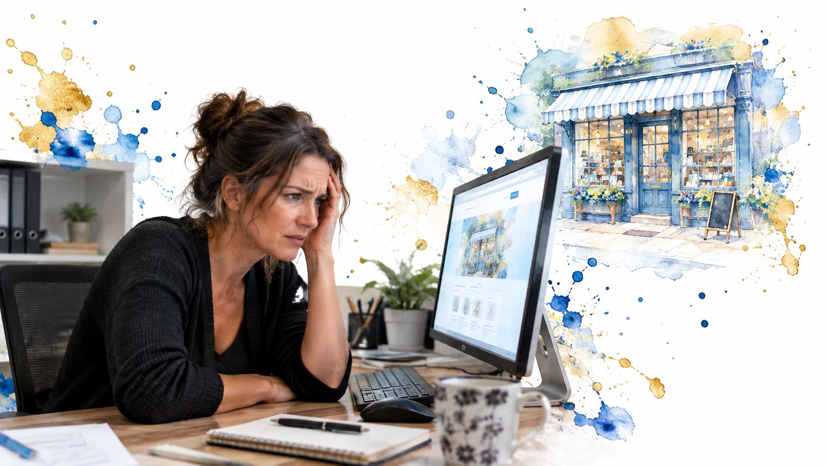 Internal Linking Html: A Practical Guide For Uk Businesses 1 Stressed Woman Working At A Computer In Her Office, Contemplating A Watercolor Illustration Of A Store.