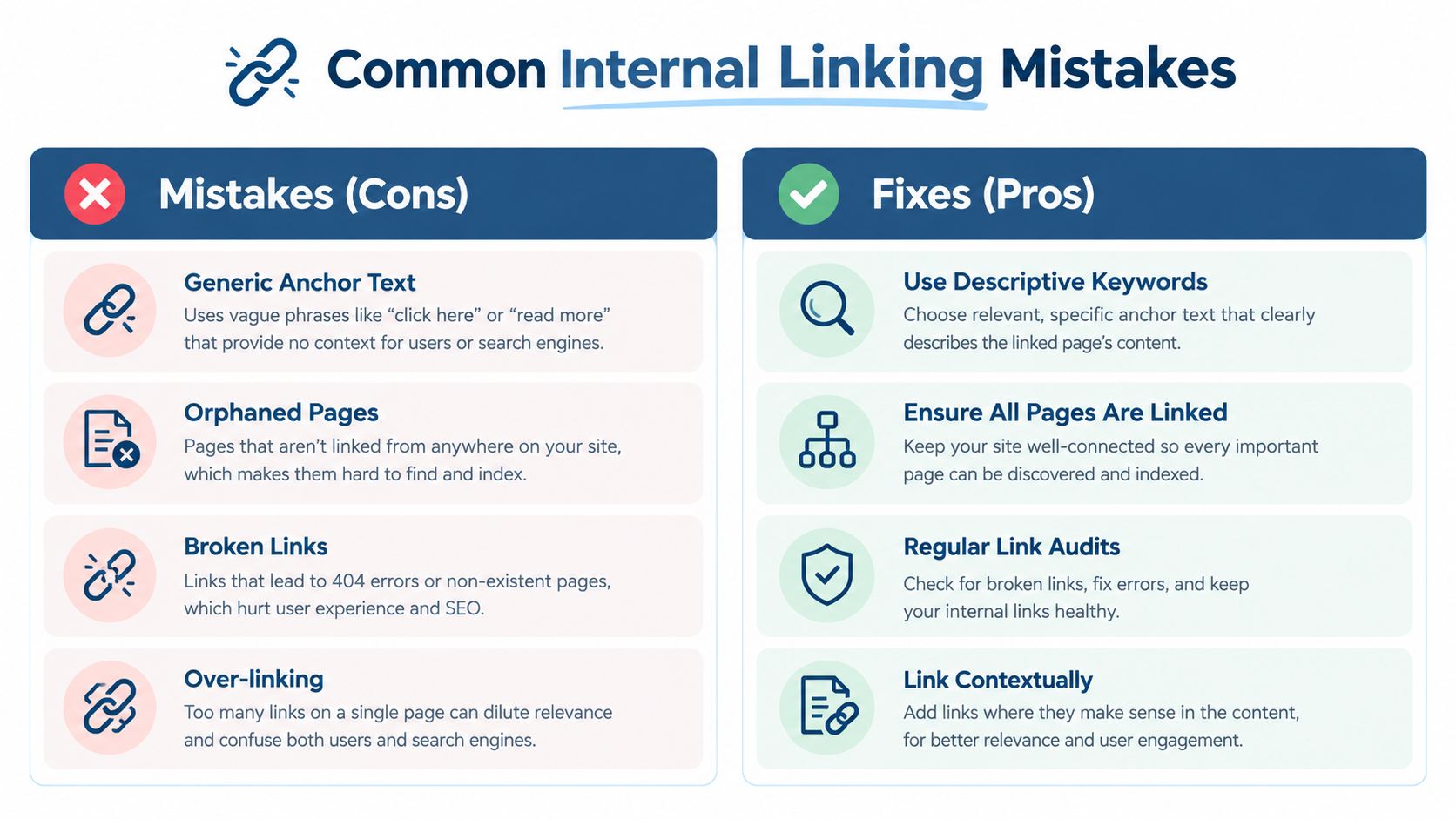 Internal Linking Html: A Practical Guide For Uk Businesses 3 An Infographic Illustrating Four Common Internal Linking Mistakes Versus Four Corresponding Seo Best Practice Solutions.