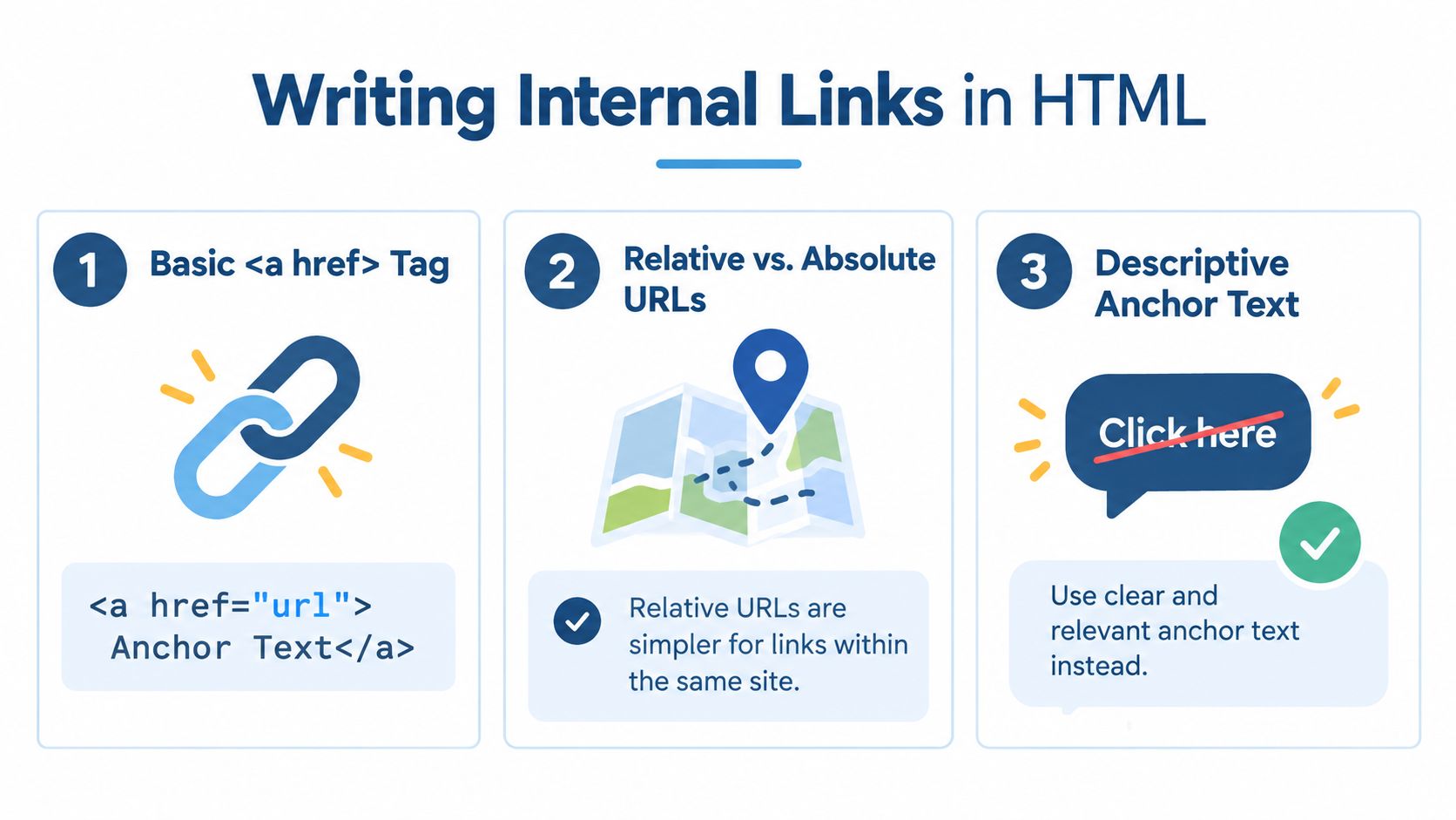 Internal Linking Html: A Practical Guide For Uk Businesses 2 An Educational Graphic Explaining Three Steps For Writing Internal Links Using Html Syntax And Best Practices.