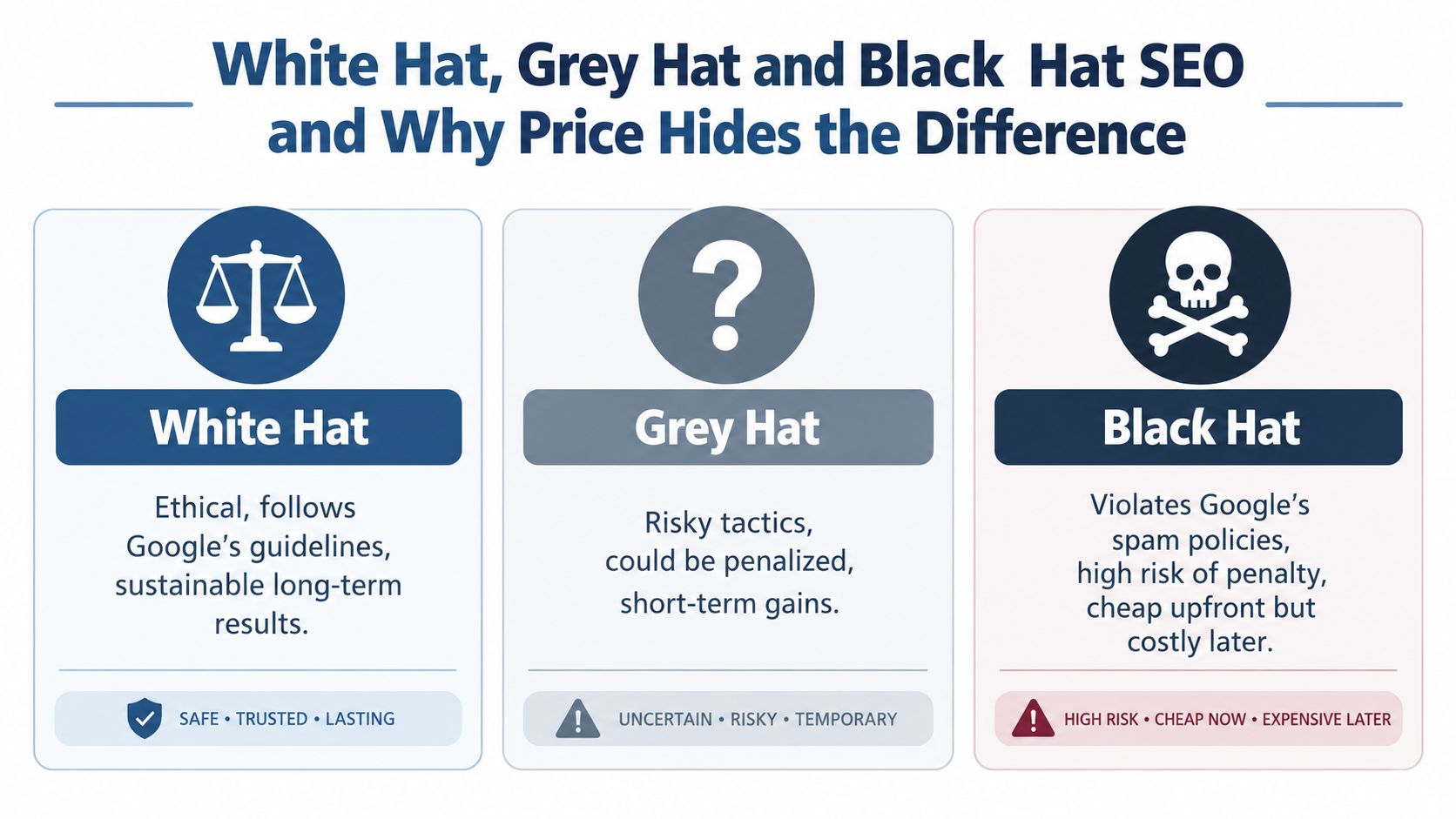 Price For Seo Services In The Uk: A 2026 Guide 2 A Comparison Chart Explaining The Differences Between White Hat, Grey Hat, And Black Hat Seo Strategies.
